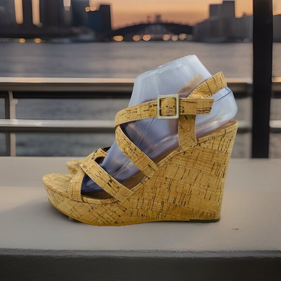 BP Womens Shoes Size 9 M Cork Strappy Wedge Ankle Strap High Heels Sandals - Picture 2 of 13